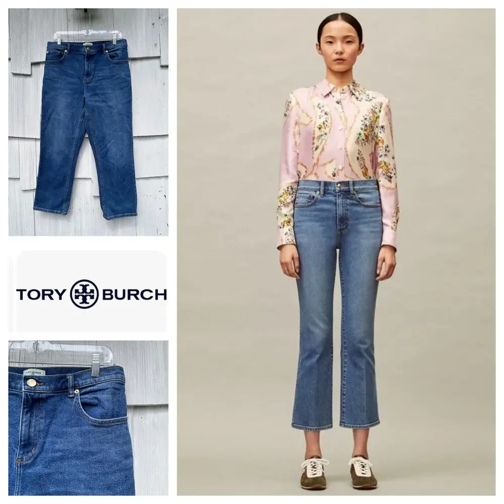 Tory Burch Cropped Jeans Mid-Rise‎ Stretch Medium Wash Denim Size 30